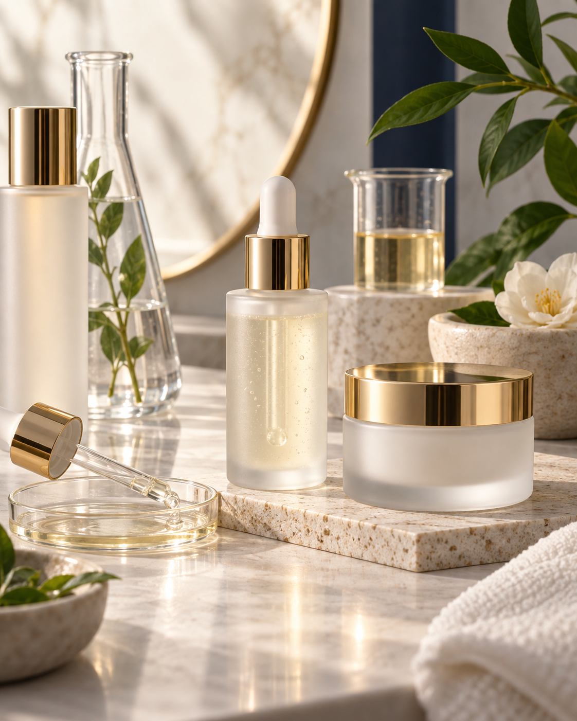 Premium skincare vessels with botanical and laboratory details