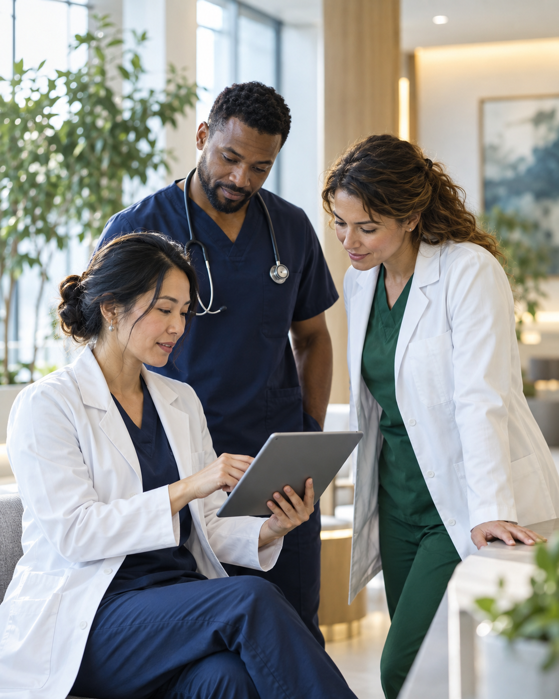 Healthcare professionals collaborating in a modern wellness environment