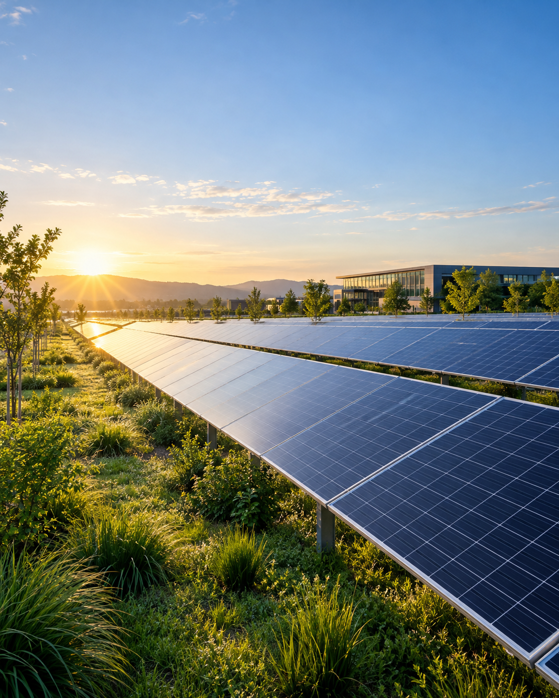 Solar panels in a landscaped renewable-energy setting